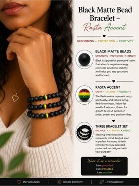 Black Matte Bead Bracelet – Rasta Accent